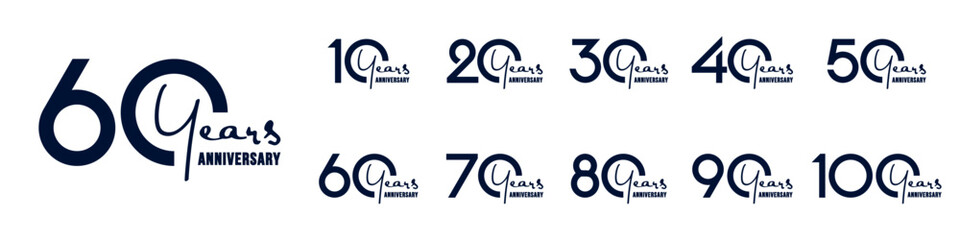 collection anniversary 10 to 100 year logo designs. abstract number for celebration event, wedding, greeting card, and invitation, vector illustration