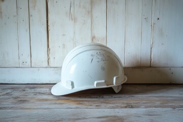 A safety helmet rests on a light wooden floor.