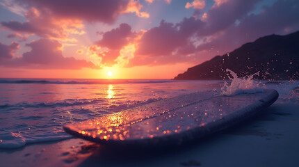 Vibrant surfboard with gold and purple duotone gradient lying on ocean shore during colorful sunset