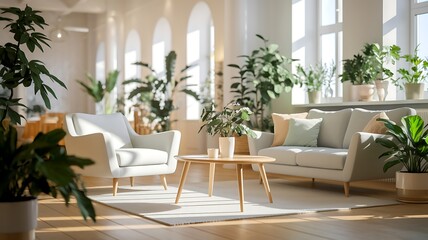 Fototapeta premium Bright and airy living room with natural light, cozy furniture, and lush indoor plants, creating a refreshing and inviting atmosphere, perfect for home interiors and interior design.