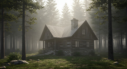 Rustic Cabin Nestled Among Majestic Trees in a Verdant Forest