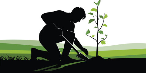 Silhouette of a man planting a tree sapling symbolizing growth and environmental stewardship
