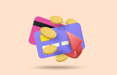 3D illustration vector render of credit card icon, spiral arrow and rotating coins. Concept of financial transaction, credit score accumulation, cashback on purchase of goods or services.