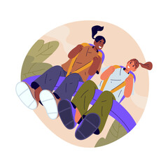 Vector people at roller coaster seat. Amusement park carousel or entertainment outdoor attraction for holiday adventure. Carnival recreation or festive action. Excitement and speed track. Fast motion.