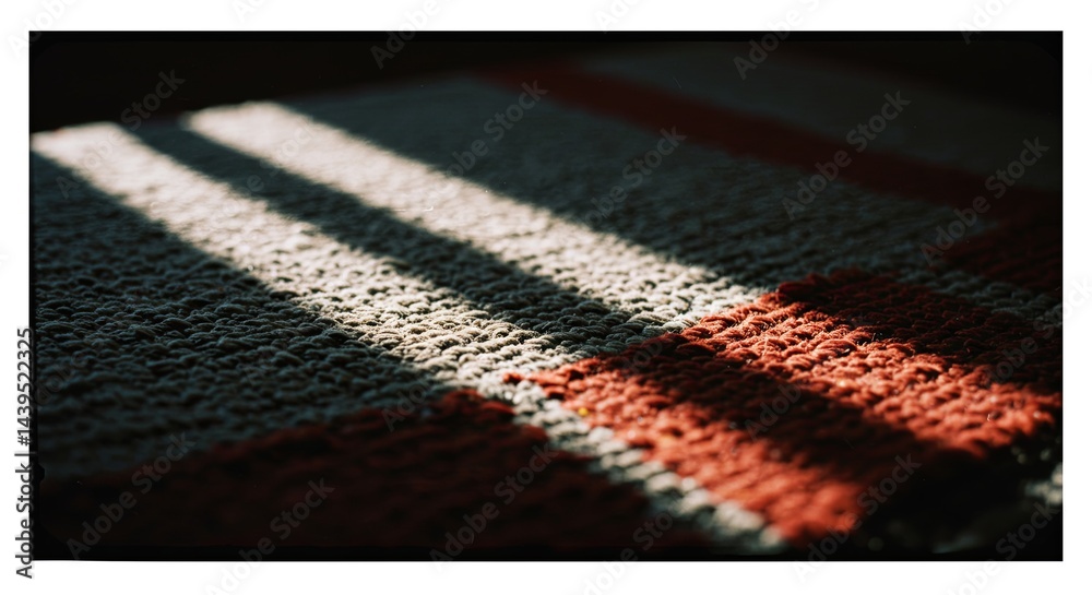 Poster a rug with a red stripe is sitting on a table