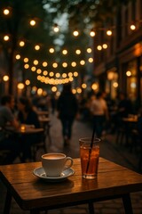 A cozy outdoor café scene in a bustling urban street, with soft, warm golden lights hanging above, creating a romantic atmosphere.