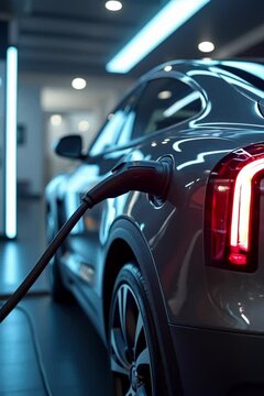  Electric vehicle charging at a modern indoor station, close-up view of the charging plug, futuristic clean energy transportation concept.
