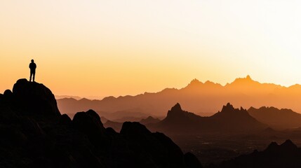 A solitary figure looks over distant mountain ranges at sunset