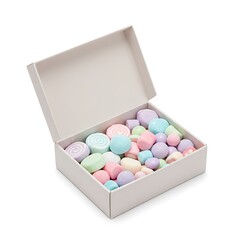 Open candy box with assorted pastel sweets inside, isolated on white background