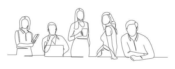 one continuous line of man and woman having a meeting and discussing at the work desk. vector illustration