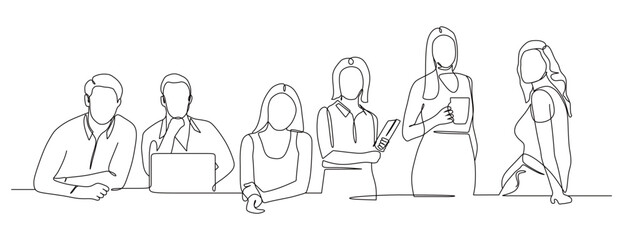 one continuous line of man and woman having a meeting and discussing at the work desk. vector illustration