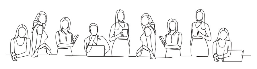 one continuous line of man and woman having a meeting and discussing at the work desk. vector illustration