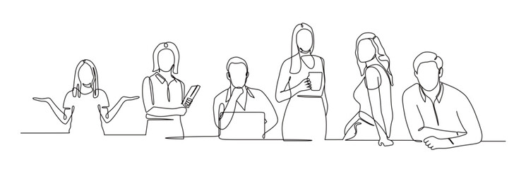 one continuous line of man and woman having a meeting and discussing at the work desk. vector illustration
