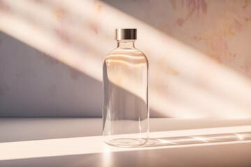 A clear bottle sits on a table in the sunlight