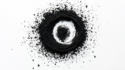 Loose black soil scattered in spiral shape on white background.