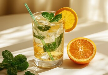Fototapeta premium Refreshing Citrus Drink with Mint Garnish Under Soft Natural Light Creating a Relaxing Atmosphere in a Glass with Orange Slice and Mint Leaves
