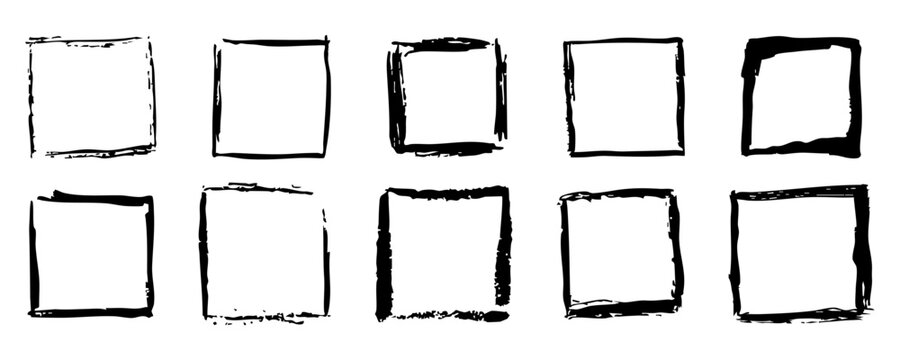 Grunge ink rectangle and square paint border with rough edges. Text box, sketch dirty line, splash. Scribble frame cadre textured 