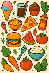 A vibrant, colorful food pattern featuring a variety of snacks, meals, and drinks.