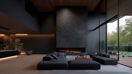 Modern Dark Interior Living Room with Fireplace and Outdoor View