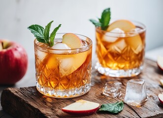 Refreshing cocktail with ice cubes and apple slices garnished with mint leaves served in elegant glasses on a rustic wooden surface