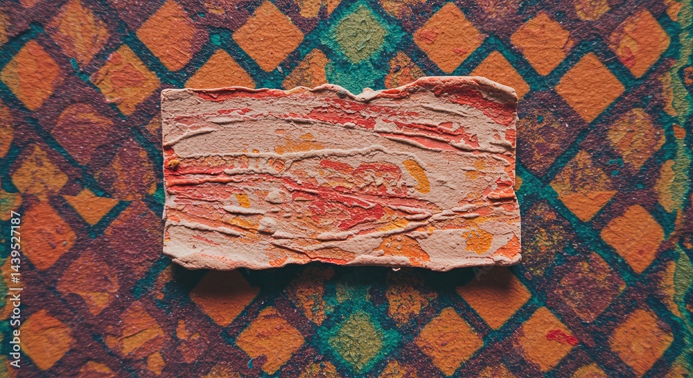 Poster a piece of paper with a red and yellow design on it
