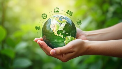 Hands holding the green earth symbolize global care to save our planet's environment