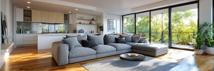 Fototapeta premium Modern open-plan living area with kitchen and balcony view