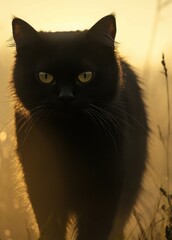 A Black Cat Standing in Tall Grassy Weeds At Sunset
