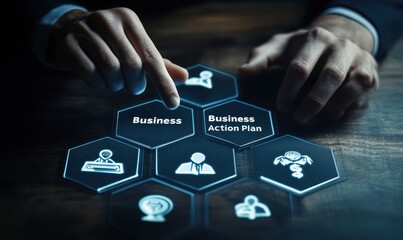 Business action plan interactive interface.  Hands interacting with digital strategy elements