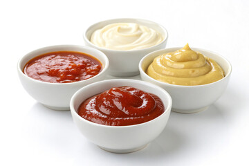 Sauces Bowls with Ketchup Mayonnaise and Mustard on White Background.