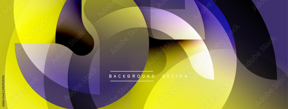 Poster abstract geometric shapes overlap, creating vibrant color gradients. yellows, purples, blues blend s