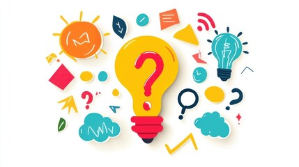 Creative idea generation concept. Light bulb with question mark and doodles art