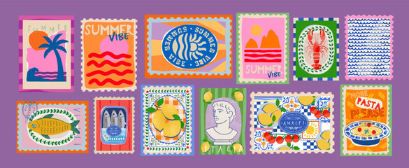 Fototapeta na wymiar Italian summer mediterranean trendy postage stamps. Vector illustration of beach, waves doodle, canned sardine, antique bust, lobster, fish, pasta, nautical seal, sea and ocean for icons and stickers