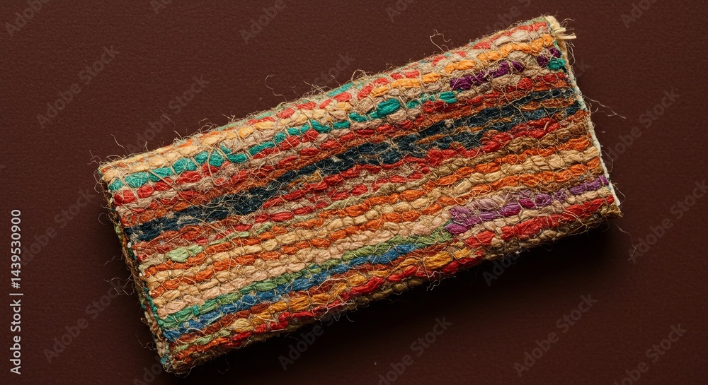 Poster a colorful woven object sits on a brown surface