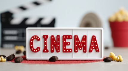 Cinema sign with bright red letters, surrounded by popcorn and coffee beans, evokes cozy movie night atmosphere. film clapperboard in background adds to cinematic theme