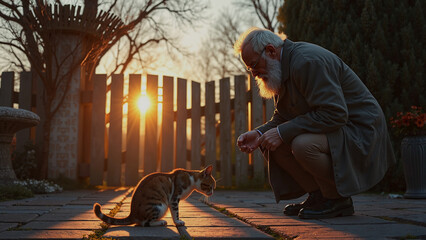 Elderly man with a beard interacting lovingly with a cat at sunset near a wooden fence