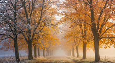 Fototapeta premium Enchanting autumn pathway with vibrant foliage and ethereal morning mist