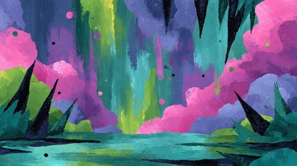 Fototapeta premium Abstract colorful landscape painting with vibrant hues and textured brushstrokes, surreal fantasy scene