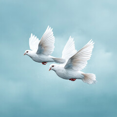 Fototapeta premium Hand painted watercolor clipart of two white doves in flight on light blue background for peace themed design