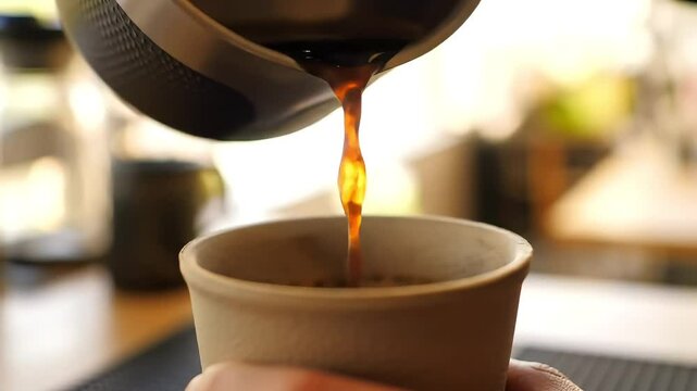 Coffee pouring into small ceramic cup