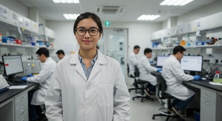 Obraz premium Asian female scientist smiles in a modern lab with colleagues working