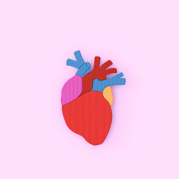3D rendering of a colorful knitted heart illustration on a pink background