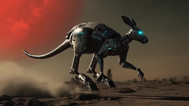 A kangaroo robot runs through the desert with a big red planet in the background. Smooth repeating motion for background video animation.