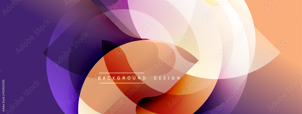 Poster abstract geometric shapes overlap, creating vibrant color gradients. purple, orange, yellow hues dom