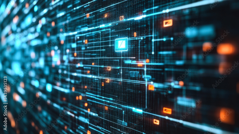 Poster digital data flow with glowing elements in a futuristic technology setting