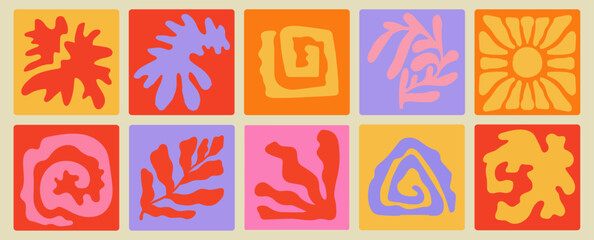 Summer Botanical Set With Abstract Floral Design Natural Elements. Tropical Wavy Groovy Silhouettes Flowers Collage. Spring Vacation Organic Organic Shapes Leaves Flat Application. Isolated. Vector