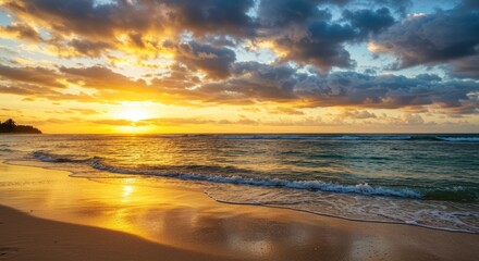 Fototapeta premium Beautiful golden sunrise over the ocean with waves on the beach paradise