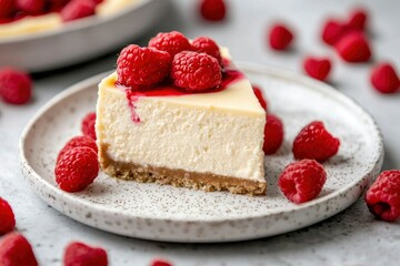 Creamy cheesecake slice with raspberries