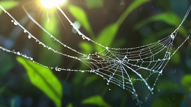 Morning dew drops glide off a web on a gentle breeze under soft sunlight