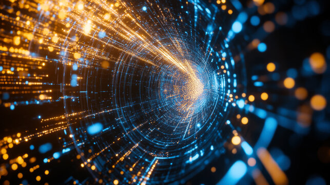 Vivid digital light trails inspired by technology and energy in a mesmerizing tunnel view